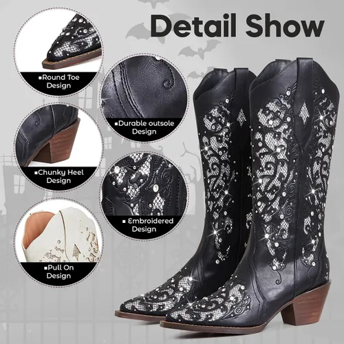 Miniatura 5 de SaraIris Botas vaqueras para mujer, botas vaqueras, botas occidentales, tacón grueso, punta puntiaguda, con diamantes de imitación bordados, botas