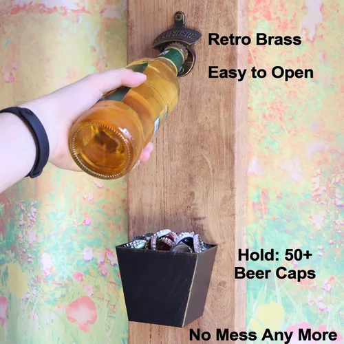 Miniatura 3 de Abridor de botellas de cerveza montado en la pared al aire libre con tapa Catcher cubo tornillo en pared bronce antiguo inoxidable