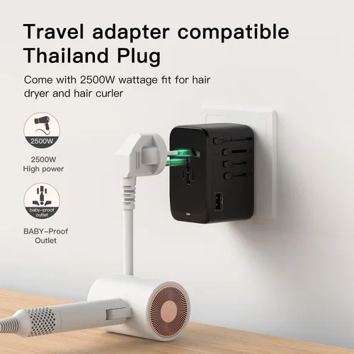 Miniatura 7 de Adaptador de viaje internacional de 120 W, adaptador de corriente mundial 4USB-C y 1USB-A, cargador rápido GaN con enchufes de Reino Unido UE AU EE.