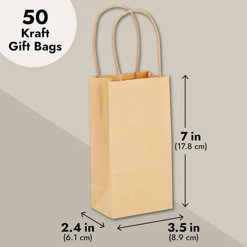Miniatura 5 de Juvale Mini bolsas de regalo marrones con asas, paquete de 50, 3.5 x 2.4 x 7 pulgadas, mini bolsas de papel para minoristas, recuerdos de fiesta