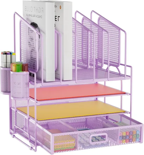 Miniatura 13 de Marbrasse Organizador de escritorio con cajón, organizador de archivos de malla de 4 niveles con 5 soportes verticales para archivos y 2 soportes