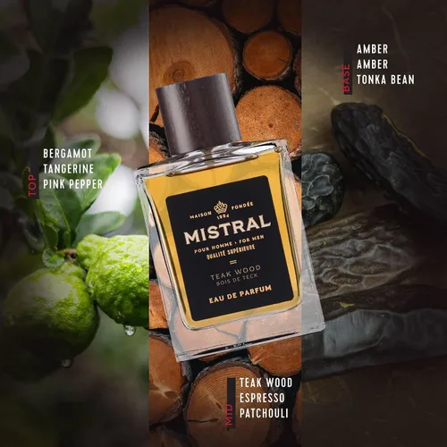 Miniatura 4 de Mistral Colonia para hombre - Eau de Parfum de madera de teca Aroma masculino amaderado y terroso con cítricos, jazmín, pachulí y almizcle