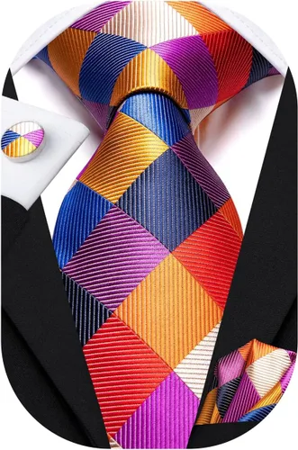 Miniatura 76 de Hi-Tie Corbata clásica de cachemira para hombre con pañuelo y gemelos a cuadros