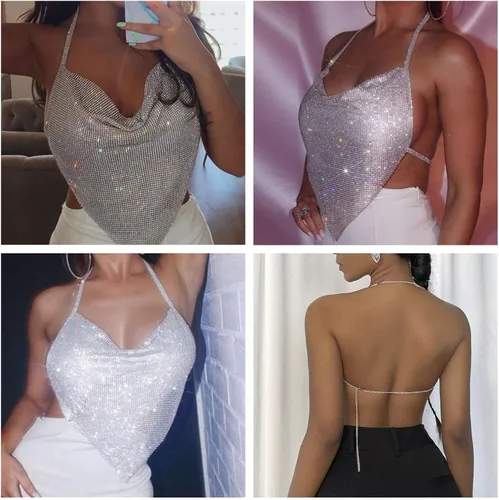 Miniatura 4 de JUMISEE Camiseta corta sin espalda con diamantes de imitación brillantes para mujer, cuello de capucha, sexy, con cadena, para fiesta, club nocturno
