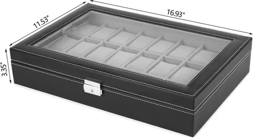 Miniatura 2 de JS NOVA JUNS Caja de reloj, 24 ranuras para hombre, organizador de relojes con cerradura y tapa acrílica grande, piel sintética negra
