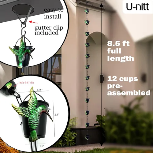 Miniatura 5 de U-nitt Cadena de lluvia para recolección de agua para canalones, recolector de agua de lluvia y desviador, cadenas de 8.5 pies para jardín exterior