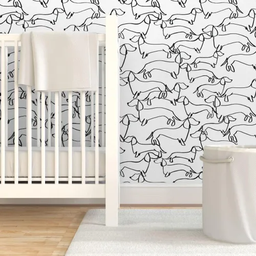 Miniatura 6 de Papel tapiz para despegar y pegar, diseño de líneas blancas y negras de perro salchicha de Weiner Dogs, papel tapiz extraíble personalizado por