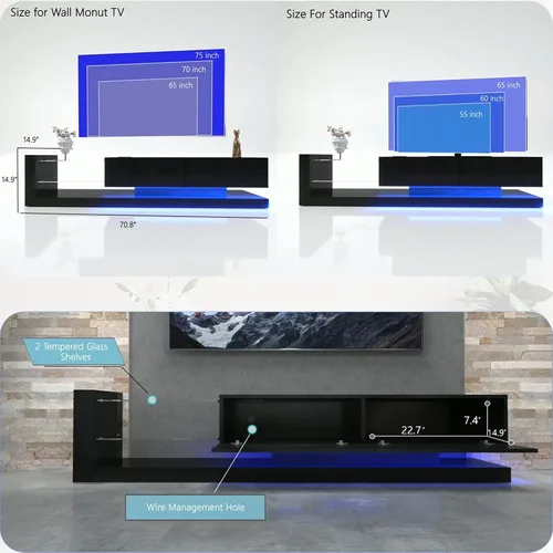 Miniatura 6 de Consola de TV con gabinetes de almacenamiento, color RGB completo, 31 modos de cambio, luces cambiantes, soporte de TV LED RGB, moderno centro