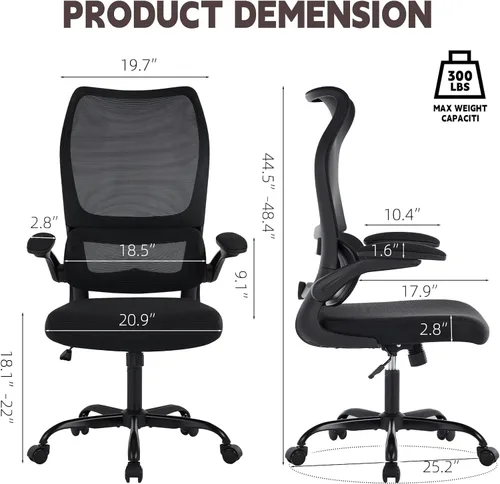 Miniatura 2 de Silla de oficina ergonómica, silla de escritorio de malla transpirable con respaldo alto para computadora con soporte lumbar ajustable y Negro