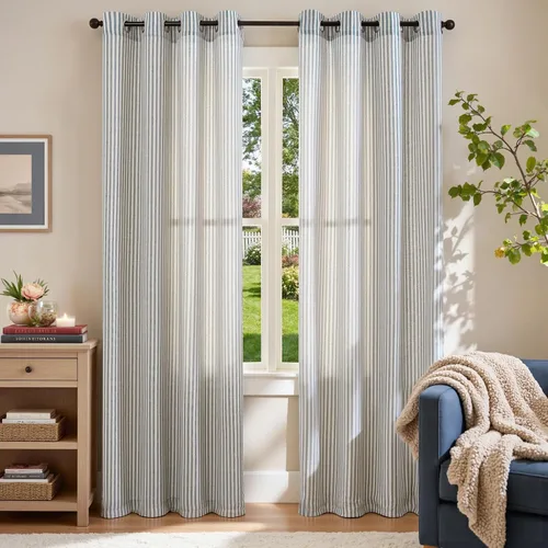 Miniatura 2 de jinchan - Cortinas de lino para sala o dormitorio, con estampado a rayas azules sobre beige, patrón de franjas que filtran la luz, accesorio