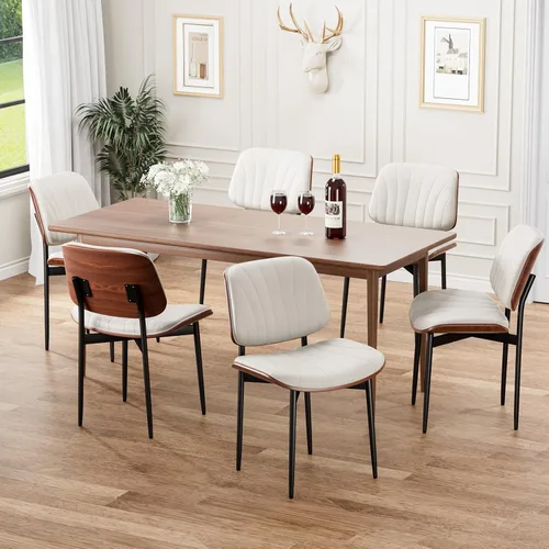 Miniatura 10 de REONEY - Juego de 4 sillas de comedor, modernas de mediados de siglo, tapizadas en piel sintética PU con respaldo de madera curvada de nogal y patas
