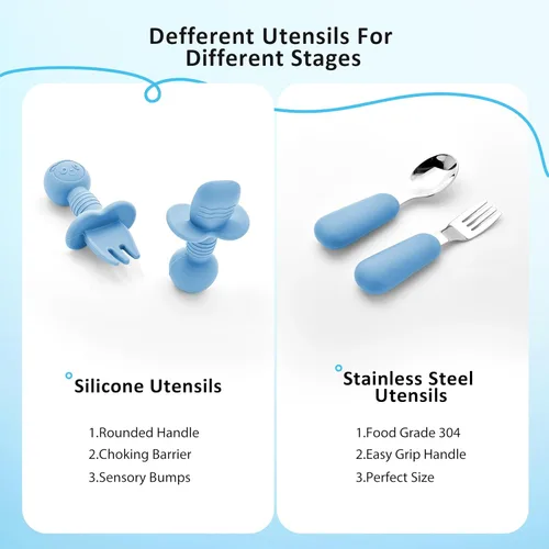 Miniatura 5 de Bufims Juego de alimentación de silicona para bebés, suministros de destete para bebés, utensilios esenciales para comer con placa de succión y Azul