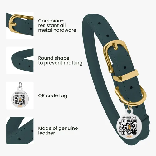 Miniatura 3 de Collar de cuero enrollado, redondo, suave y ajustable con placa de identificación por QR para perro pequeño, mediano y grande, cachorro y gato Azul