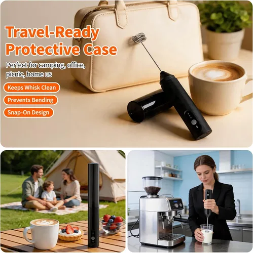 Miniatura 5 de TonJin Espumador de leche recargable de mano con cubierta de viaje, batidor eléctrico ajustable de 3 velocidades para café, café con leche