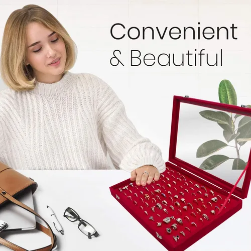 Miniatura 6 de Estuche organizador de anillos de joyería, bandeja de almacenamiento para múltiples anillos con tapa transparente, organizador de bandeja