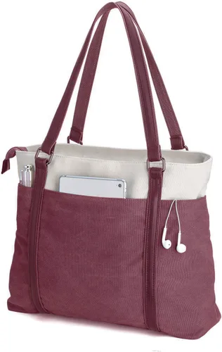Miniatura 7 de Laptop Tote Bag for Women, 15.6 Inch Work Bag with Laptop Compartment and Zipper, Canvas Computer Tote for Teacher Marrón