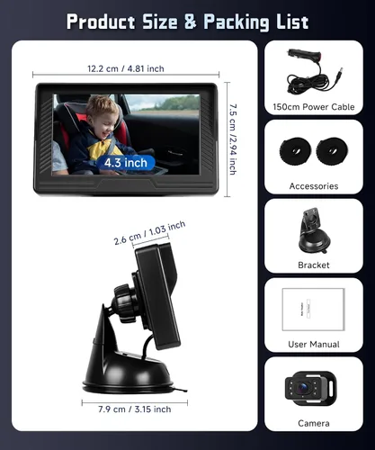 Miniatura 7 de Cámara de coche de bebé para asiento trasero HD con visión nocturna, ángulo de visión ajustable, fácil instalación, cámara giratoria de 360°