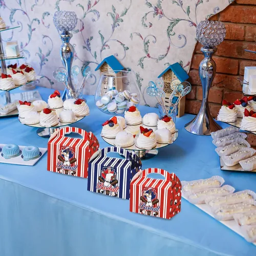Miniatura 6 de chiazllta Cajas de regalo de fiesta de béisbol, cajas de regalo, galletas de caramelo de béisbol, caja de cartón con asas para niños, suministros