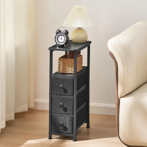 Miniatura 2 de DALEMHOME Mesa Auxiliar, Mesa Lateral Estrecha con 3 Cajones de Tela, Mesita de Noche Estrecha, Mesa de Cama Pequeña con Almacenamiento, para Sala