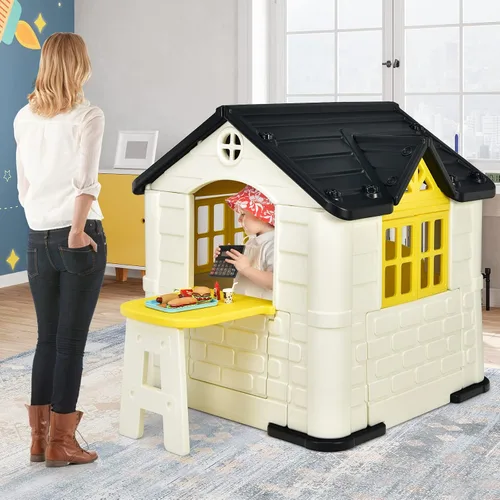 Miniatura 9 de Costzon Casa de juegos para niños, juegos de jardín al aire libre con puertas y ventanas de trabajo, casa de juguetes de simulación con mesa