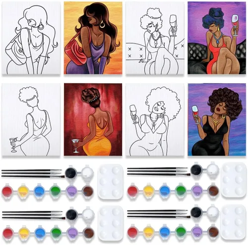 Miniatura 12 de VOCHIC Paquete de 4 kits de fiesta de 8 x 10 pulgadas, kit de pintura de lienzo predibujado para pintura para adultos, suministros de pintura