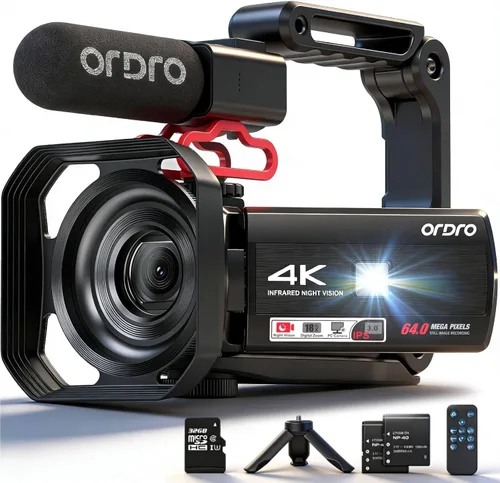 ORDRO Cámara de video, videocámara FHD 64MP 4K, cámaras WiFi para vlogging para YouTube con visión nocturna IR, zoom digital 18X 3.0 pulgadas
