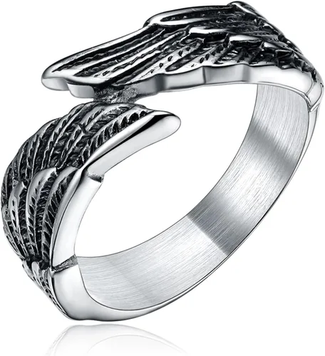 TIGRADE Anillo de acero inoxidable antiguo con plumas de ángel de alas de ángel fundidas color negro y plateado, tamaño 4.5-14.5