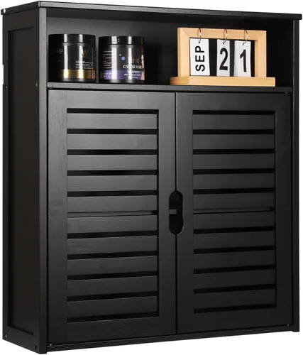 Miniatura 8 de Armario de almacenamiento de bambú montado en la pared con puerta, organizador de pared de baño con estantes, gabinete de almacenamiento colgante