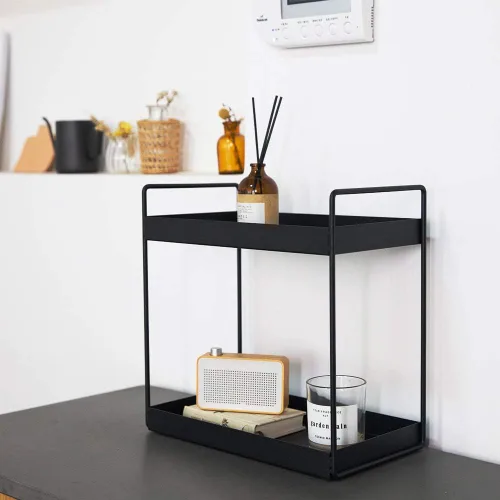 Miniatura 5 de Estantería de 2 niveles para baño, encimera de almacenamiento, organizador de cosméticos, soporte para especias de cocina, color negro.