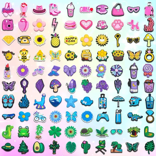 Salaoen Dijes para niñas, 100 unidades, bonitos dijes para niños y niños, amarillo, morado, rosa, verde, azul, accesorios, Caucho, No es una piedra