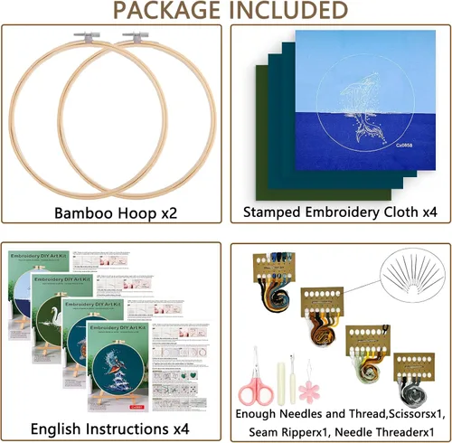 Miniatura 2 de Kit de bordado Picoey para principiantes con patrón de animales e instrucciones, paquete de 4 kits de punto de cruz, 2 aros de madera para bordar