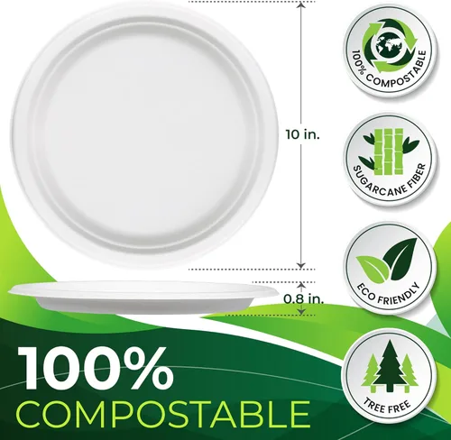 Miniatura 2 de 150 platos de papel 100% compostables (10 pulgadas), resistentes, ecológicos, biodegradables hechos de fibra de caña de azúcar Blanco