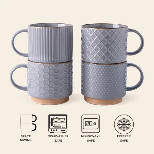 Miniatura 6 de GBhome Tazas de café apilables de 12 onzas, tazas de café de cerámica con patrones de textura para hombre, mujer, papá, mamá, juego de 4 tazas
