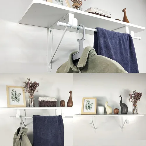 Miniatura 7 de Paquete de 2 estantes de armario resistentes y soportes de barra, soportes de estante para ropa, soporte de estantes de armario con soporte