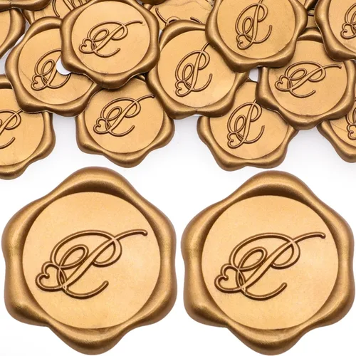 Miniatura 14 de SWANGSA Paquete de 50 calcomanías de sello de cera de letra A, diseño de corazón dorado antiguo, calcomanías de cera inicial para boda, fiesta