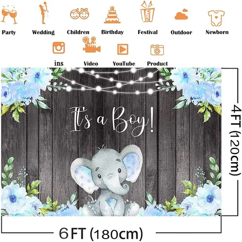 Miniatura 3 de Avezano Cartel de elefante para baby shower, cartel de fiesta de niño con texto en inglés "It's a boy", decoración floral azul para baby shower, 6 x