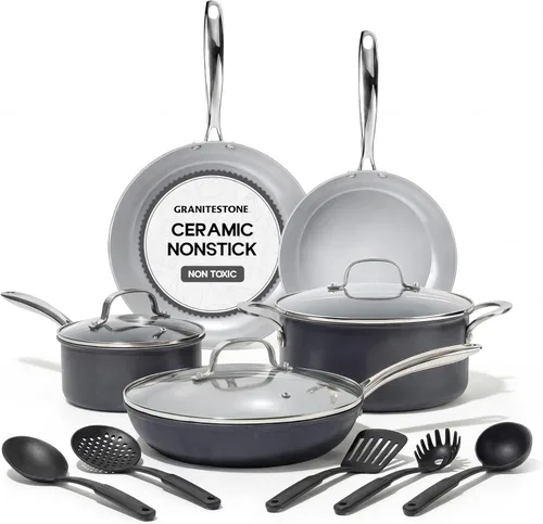 Granitestone Pro - Juego de ollas y sartenes de cerámica antiadherente de 13 piezas con 5 utensilios, revestimiento de diamante y mineral, exterior