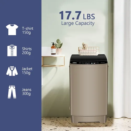 Miniatura 5 de KRIB BLING Lavadora completamente automática con pantalla LED, bomba de drenaje portátil de 17.7 libras, 10 programas y 8 niveles de agua Dorado