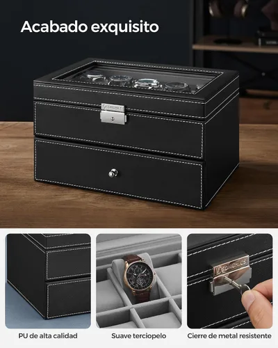 Miniatura 75 de SONGMICS UJWB012 - Caja de reloj de 12 ranuras, caja de reloj con cerradura con tapa de vidrio, 2 capas, con 1 cajón para anillos, pulseras, idea
