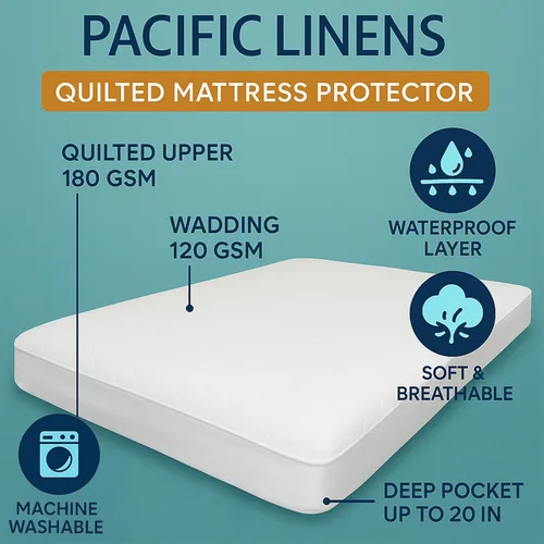 Miniatura 4 de Pacific Linens Protector de colchón impermeable acolchado blanco, bolsillo profundo de hasta 20 pulgadas, tela suave y transpirable, lavable a