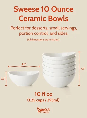 Miniatura 2 de Sweese Cuencos pequeños de porcelana blanca de 10 onzas, juego de 6 cuencos de postre, helado, aperitivos y yogur, cuencos de cerámica para servir