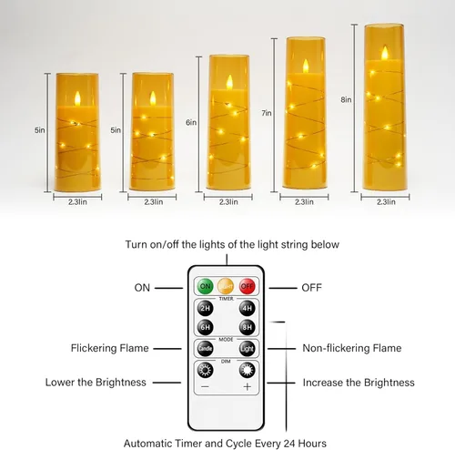 Miniatura 5 de kakoya Velas LED sin llama con temporizador de 5 piezas, velas parpadeantes sin llama para ambiente romántico y decoración del hogar, carcasa dorado