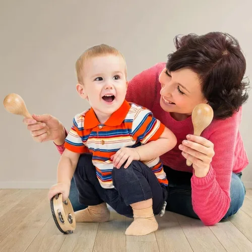 Miniatura 15 de Stoie's Instrumentos musicales de madera para niños pequeños con tambor, campanas de mano, flauta, maracas, castañuelas, panderetas, para bebés