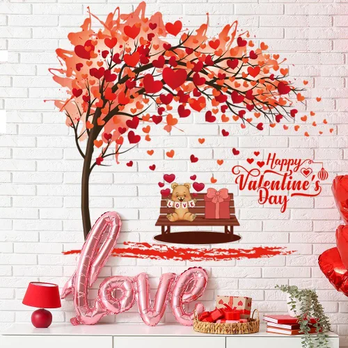 Miniatura 4 de Adhesivo de pared para el día de San Valentín, diseño de árbol de corazón con corazones rojos en 3D, calcomanías de pared para despegar y pegar