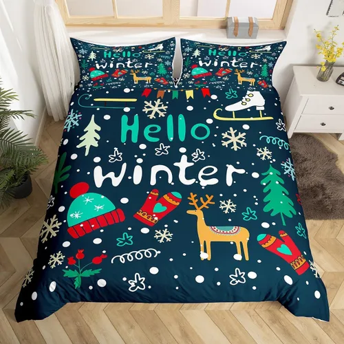 Miniatura 29 de Juego de ropa de cama de 3 piezas con diseño de muñeco de nieve, funda de edredón con temática de invierno, funda de edredón con temática de Feliz