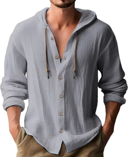 Miniatura 14 de Camisas de manga larga con botones para hombre, camisa con capucha a rayas verticales, casual, para vacaciones, verano, ligera, con cordón Z21