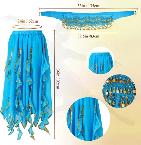 Miniatura 37 de Haysandy Conjunto de 8 piezas de danza del vientre para mujer, falda de danza del vientre, bufanda de cadera, 2 pulseras, aretes, pulsera de tobillo