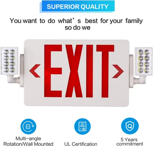 Miniatura 6 de Paquete de 1 letrero de salida con certificación UL con luces de emergencia, dos luces LED de emergencia de cabeza ajustable con batería, 120-277