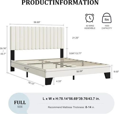Miniatura 2 de Marco de cama tamaño completo, cama de plataforma tapizada en terciopelo con cabecera acolchada ajustable, marco resistente y listones, sin ruido