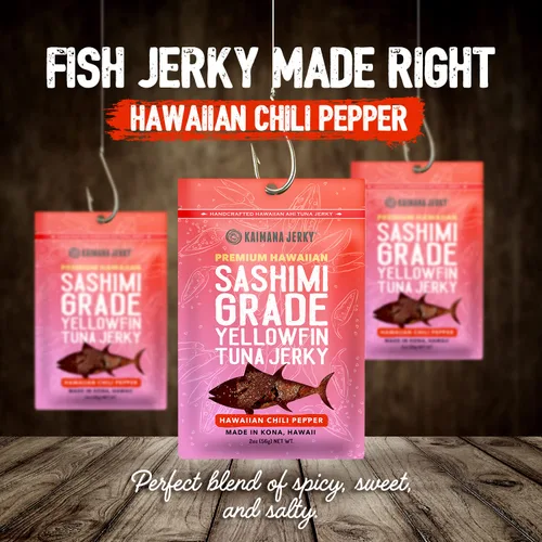 Miniatura 5 de Kaimana Ahi Atún Jerky Hawaiian Chili Pepper – Suave y sabroso – Cecina de pescado premium fabricada en los Estados Unidos. Alta en Omega 3
